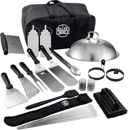 Grillers Choice 32 Piece Griddle Accessories Set Metal Spatulas - Commercial Heavy Duty Stainless Steel,Flat Top,Grill,Indoor-Outdoor,Hibachi,BBQ Grilling Utensils- Designed by Chef and BBQ Judge