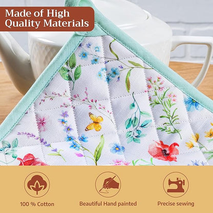 Maison d' Hermine Pot Holders 100% Cotton Heat Resistant Potholders 8" x 8" Hot Pads with Loop BBQ Cooking Baking Hotel Farmhouse Kitchen Handling Hot Pans Spring Summer (Pack of 1, Just Floral)