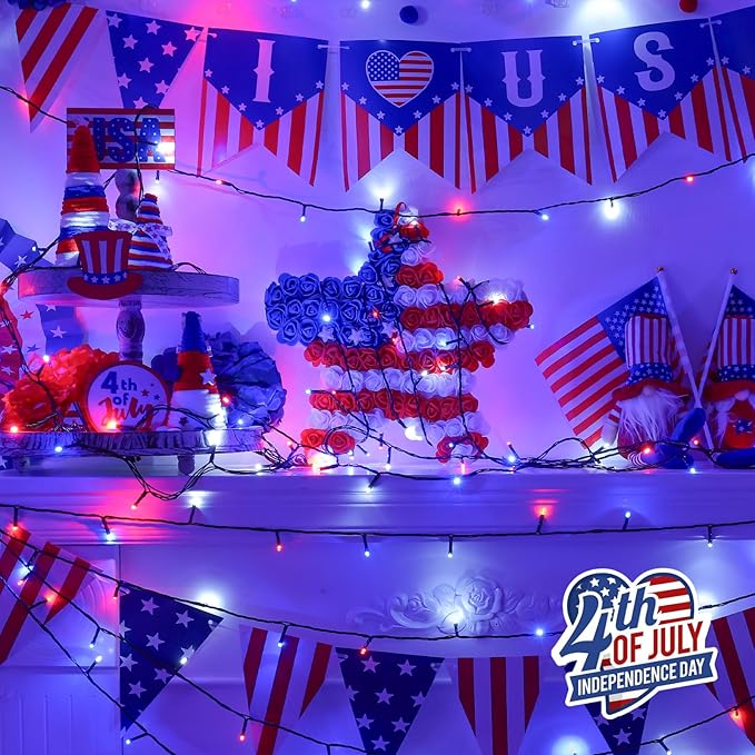 QITONG 4 Pack Red White Blue String Lights Battery Operated, Each 16ft 50 LED 4th of July Christmas Lights Outdoor, 8 Modes Green Wire Patriotic Lights Indoor for Independence Memorial Day Decor