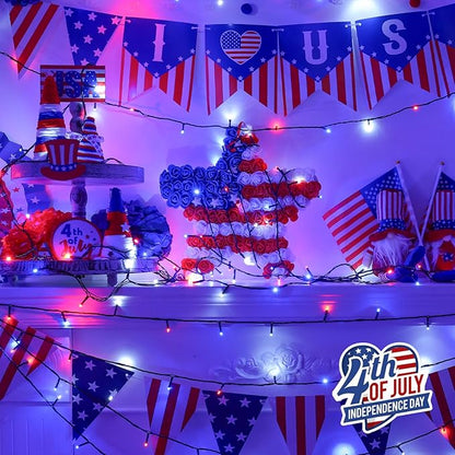 QITONG 4 Pack Red White Blue String Lights Battery Operated, Each 16ft 50 LED 4th of July Christmas Lights Outdoor, 8 Modes Green Wire Patriotic Lights Indoor for Independence Memorial Day Decor