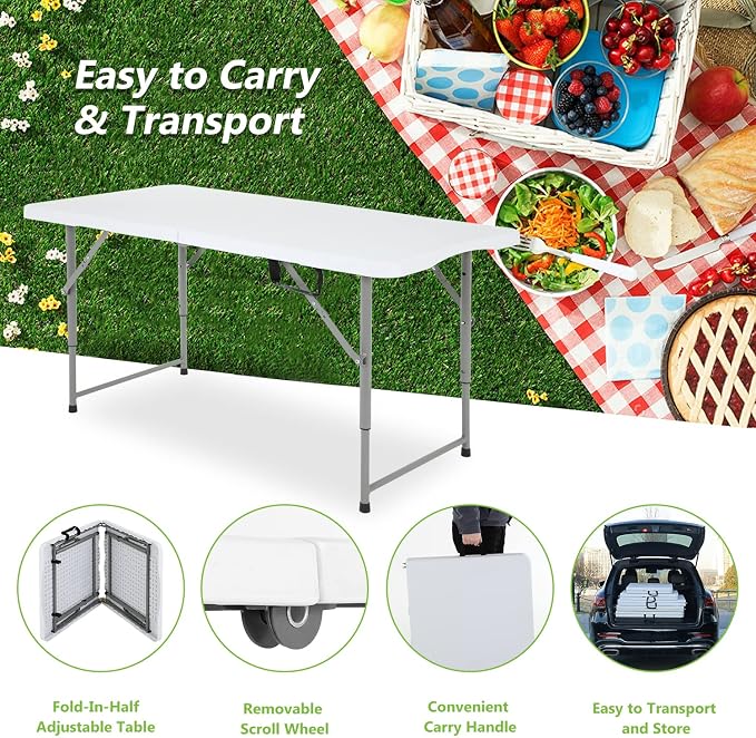 PayLessHere Folding Camping Table Plastic Picnic Table Office Table for Parties Wedding Camping Office with Carrying Handle (White, 4 FT)
