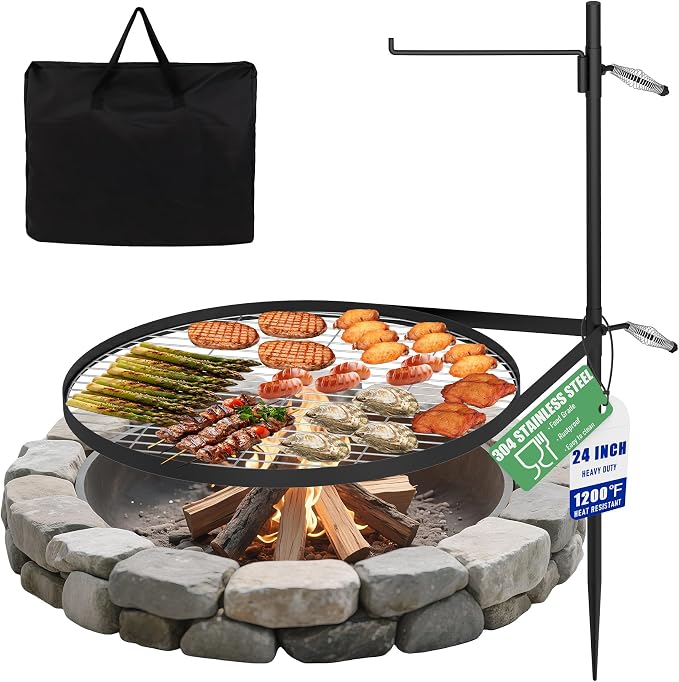 24" Fire Pit Grill w/304 Stainless Steel Grate, Portable Carry Bag | Swivel Grill Grate, 360° Rotatable, Height Adjustable, Easy Setup, Perfect for Hiking, Picnics & Family BBQs