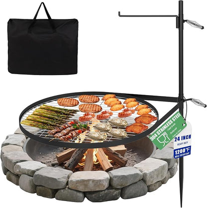 24" Fire Pit Grill w/304 Stainless Steel Grate, Portable Carry Bag | Swivel Grill Grate, 360° Rotatable, Height Adjustable, Easy Setup, Perfect for Hiking, Picnics & Family BBQs
