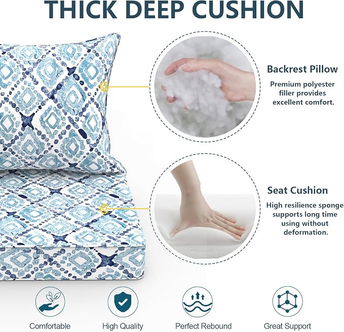 DYTXIII Outdoor Deep Seat Cushion Set, Water Repellent 22"x22" Patio Thick Cushions Replacement with Seat & Back Pillow for Patio Sofa, Wicker Chair, Couch - Boho Geometry Blue