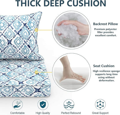 DYTXIII Outdoor Deep Seat Cushion Set, Water Repellent 22"x22" Patio Thick Cushions Replacement with Seat & Back Pillow for Patio Sofa, Wicker Chair, Couch - Boho Geometry Blue