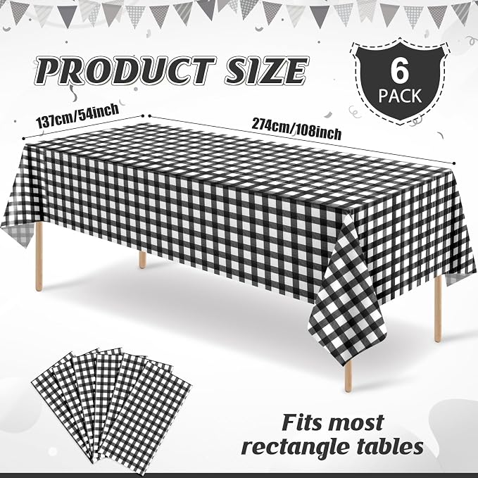6Pcs Black and White Gingham Tablecloth Decorations, Disposable Plastic Black Checkered Tablecloth Buffalo Plaid Table Cover for Baby Shower Bridal Wedding Birthday Party Supplies,54 x 108 Inch
