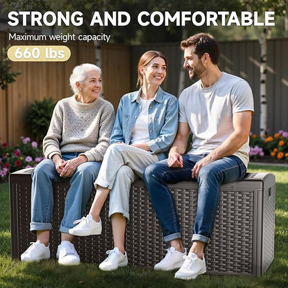 150 Gallon All-Weather Deck Box, Lockable Waterproof Resin Storage with UV Resistance for Patio Furniture, Garden Tools, Pool Accessories (Brown)