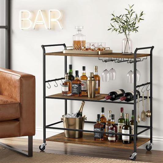 VASAGLE 3-Tier Bar Cart, Steel Serving Cart on Wheels with Wine Rack and Glass Holder, 33.3 x 15.7 x 33.7 Inches, Rustic Brown and Black, for Kitchen and Living Room, Barnet Collection ULRC210K101