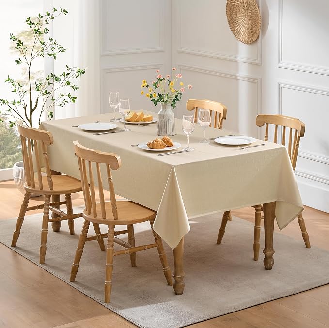 Decorelia Faux Linen Farmhouse Table Cloth 60"x120" for Rectangle Table, Beige Waterproof Outdoor Washable Cloth Tablecloth for Rectangular Dining Room Kitchen Outdoor Party Restaurant Decor