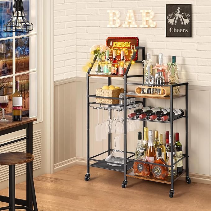 VINAEMO Rolling Bar Cart with Wine Glass Holder, Bar Carts for The Home, Bar Stand for Home, Small Mini Bar for Whiskey Wine, Liquor Cart for Home Bar, Alcohol Cabinet for Bar, Kitchen, Dining Room