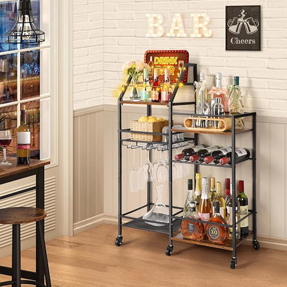 VINAEMO Rolling Bar Cart with Wine Glass Holder, Bar Carts for The Home, Bar Stand for Home, Small Mini Bar for Whiskey Wine, Liquor Cart for Home Bar, Alcohol Cabinet for Bar, Kitchen, Dining Room