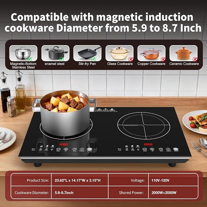 VBGK 2 burner induction cooktop,110V 4000W 2 burner induction plate with Brushed Panel LED touch Control, induction stove top with 10 Power Levels, Kids Lock & 4H Timer