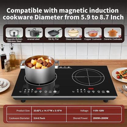VBGK 2 burner induction cooktop,110V 4000W 2 burner induction plate with Brushed Panel LED touch Control, induction stove top with 10 Power Levels, Kids Lock & 4H Timer