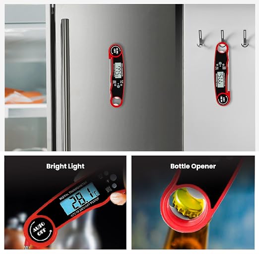 Meat Thermometer Digital Instant Read for Cooking and Grilling, Waterproof Food Thermometer with Backlight, Foldable Probe, Auto Off, Magnet, Bottle Opener, Built-in Bottle Opener & Fridge Magnet