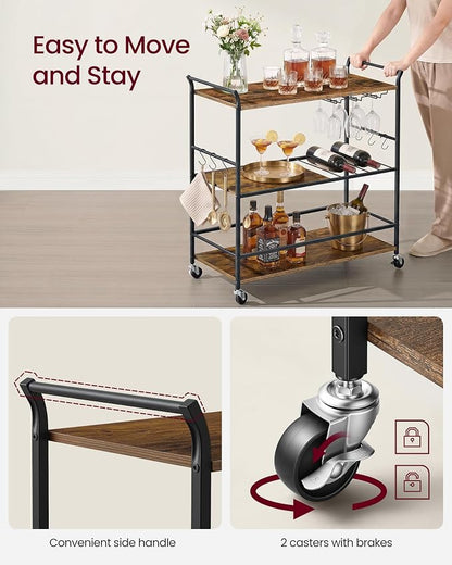 VASAGLE 3-Tier Bar Cart, Steel Serving Cart on Wheels with Wine Rack and Glass Holder, 33.3 x 15.7 x 33.7 Inches, Rustic Brown and Black, for Kitchen and Living Room, Barnet Collection ULRC210K101