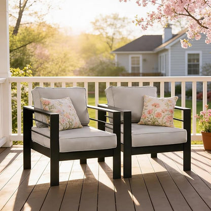 Kiss the Water Aluminum Patio Sofa, 2 PCS Light Grey Outdoor Couch | All-weather rust-proof aluminum frame with 5" thick olefin cushions, ideal for patio, backyard, or porch. Modern design.