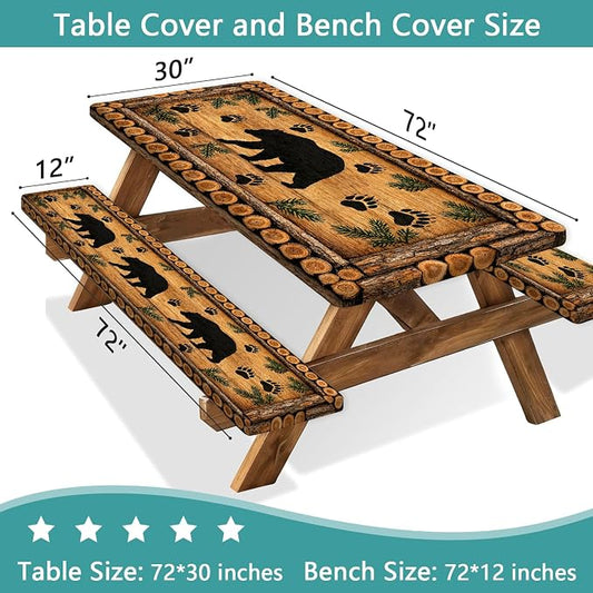 Forest Theme Picnic Table Cover with Bench Covers 6FT, Camping Essentials, Wood Grain Bear Waterproof Windproof Oilproof, Fitted Tablecloth Cover with Elastic Edge for Outdoor Garden 3 PCS 30x72 Inch