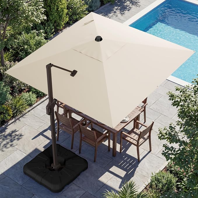 10x10FT Cantilever Outdoor Umbrella with Base, 360° Rotating Large Offset Square Patio Umbrella, Ideal for Garden Backyard Deck Courtyard, Beige