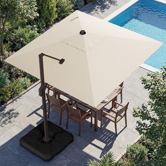 10x10FT Cantilever Outdoor Umbrella with Base, 360° Rotating Large Offset Square Patio Umbrella, Ideal for Garden Backyard Deck Courtyard, Beige