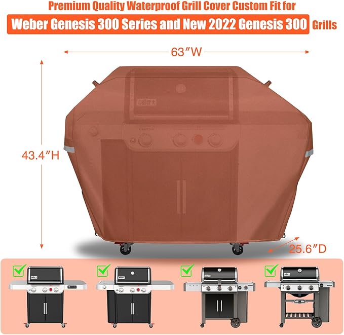 63 Inch Grill Cover for Weber Genesis 300 Series and New 2022 Genesis 300 Grills, Heavy Duty Waterproof Fade Resistant Outdoor BBQ Grill Cover with Elastic Drawstrings, Compared to Weber 7757, Brown