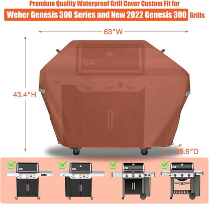 63 Inch Grill Cover for Weber Genesis 300 Series and New 2022 Genesis 300 Grills, Heavy Duty Waterproof Fade Resistant Outdoor BBQ Grill Cover with Elastic Drawstrings, Compared to Weber 7757, Brown