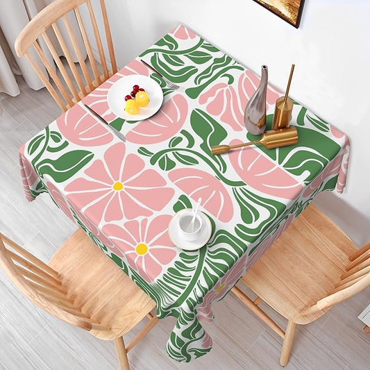 Green Pink Abstract Flowers Square Tablecloth Seasonal Paisley Square Table Cloth Perfect for Spring Home Decor Indoor Outdoor Washable Wrinkle Free Table Cover for Picnic Camping 60x60 Inch
