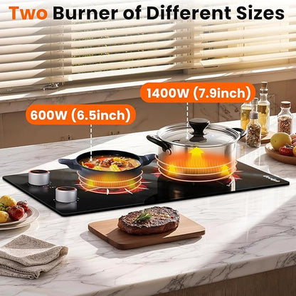 Electric Cooktop 2 Burner - 12 Inch 2000W Electric Stove Built-in & Countertop, Two Burner Ceramic Cooktop with Knob Control, 9 Power Level, Over Heat Protection, 110-120V Plug in (Red Konb)