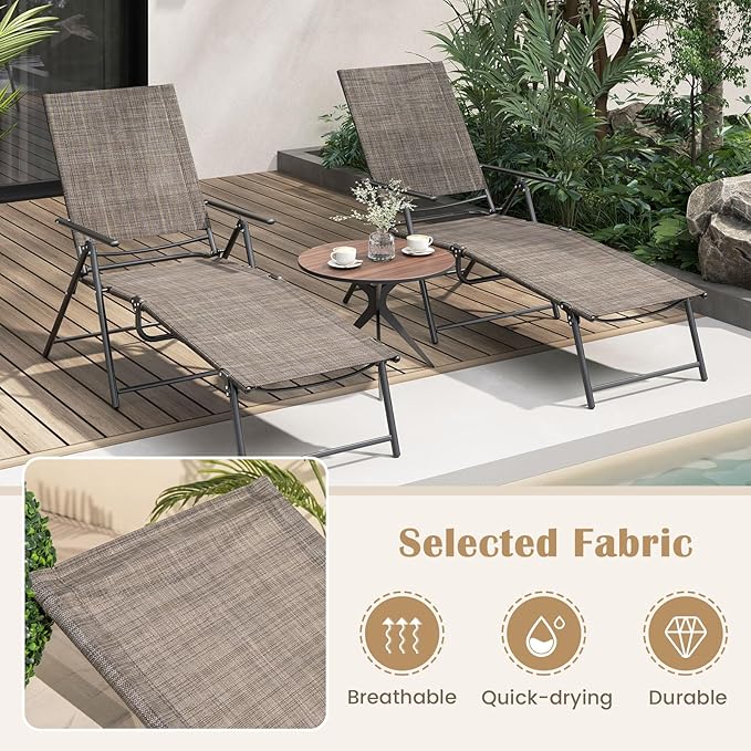 Giantex Lounge Chair Outdoor Set of 2 - Tanning Chair with 6 Adjustable Backrest, 2-Level Footrest, Folding Sunbathing Lounger for Patio, Poolside, Yard, Chaise Lounge Chair, Beach Chair (Brown)