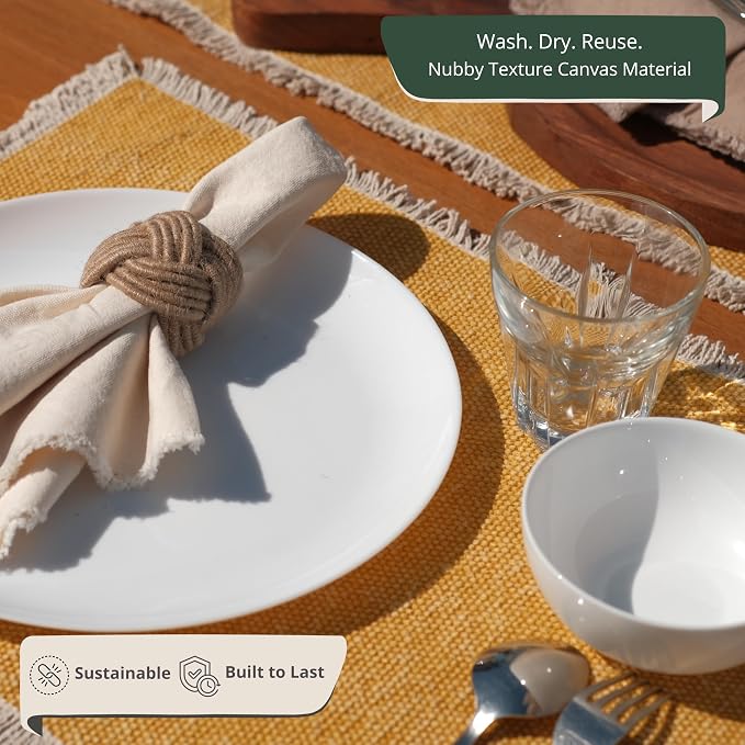 Hausattire Cotton Frayed Placemats Set of 6 Dining Table 13x19 Inch | Rustic Vintage Boho Washable Easter Placemat for Outdoor Parties BBQ's Wedding, Holiday, Special Occasions, Nubby Cotton - Yellow