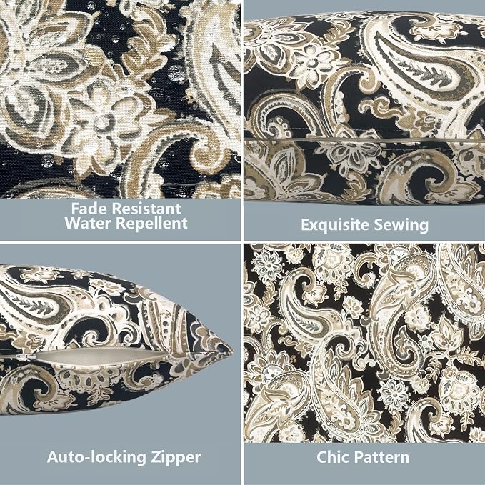 LVTXIII 2 Pack Outdoor Throw Pillow Covers for Patio Furniture, 16x16 Inch Square Pillow Case, Water-Repellent Cushion Covers for Garden, Porch, Sofa, Paisley Black