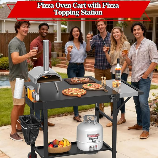 Grill Table for Oon Pizza Oven Accessories, Ninja Pizza Oven Table with Extendable Desk - Fit Gozney, Solo Stove, Durable Outdoor Grill Cart Stand with Food Prep Topping Station for Backyard