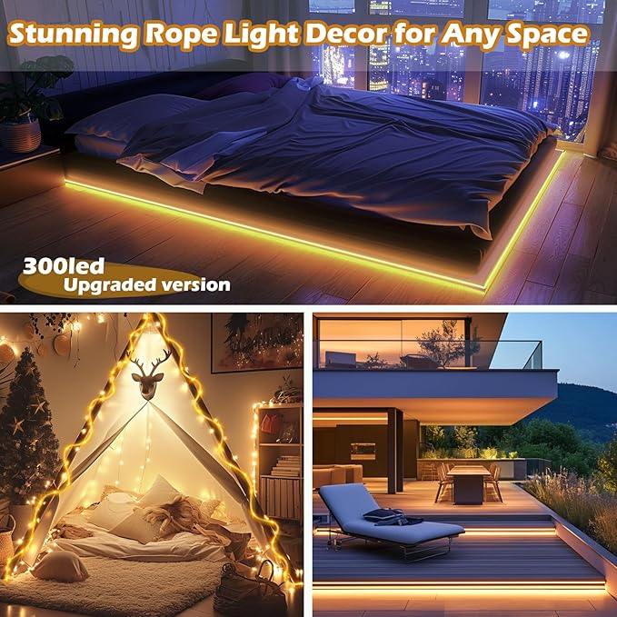 LairtPOW Larger Tube Solar Rope Lights with Remote,98FT 300LEDs Outdoor Solar Strip Lights,IP67 Waterproof USB Charging Solar String Lights, Timing & 8 Modes Fairy Light for Garden Tree (Warm White)