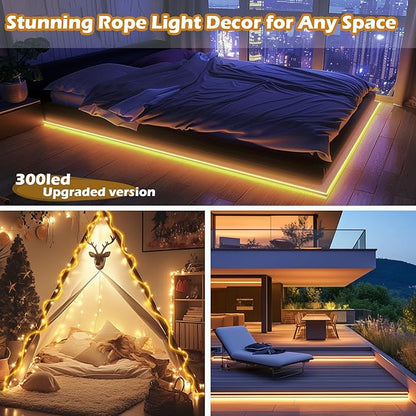 LairtPOW Larger Tube Solar Rope Lights with Remote,98FT 300LEDs Outdoor Solar Strip Lights,IP67 Waterproof USB Charging Solar String Lights, Timing & 8 Modes Fairy Light for Garden Tree (Warm White)