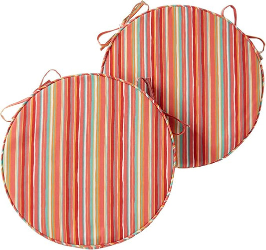 Set of 2 Outdoor 18 inch Round Patio Dining Chair Pads – Comfortable Fiber-Filled Seat Cushions with Ties, Reversible Polyester Fabric - Watermelon Stripe