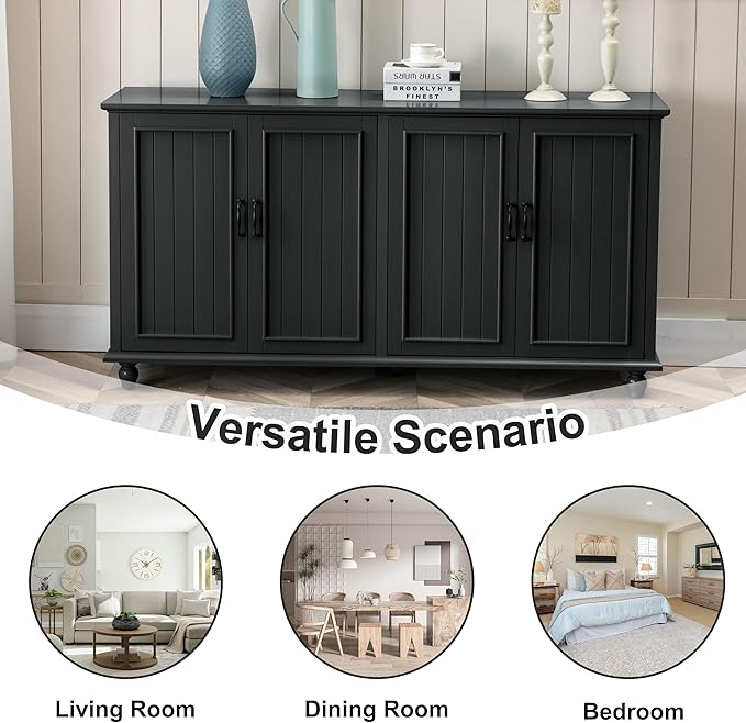 Scurrty 62'' Coffee Bar Cabinet Kitchen with Storage, Buffet Cabinet with Storage, Sideboard Buffet for Dinning Room, Kitchen & Living Room (4 Doors, Black)