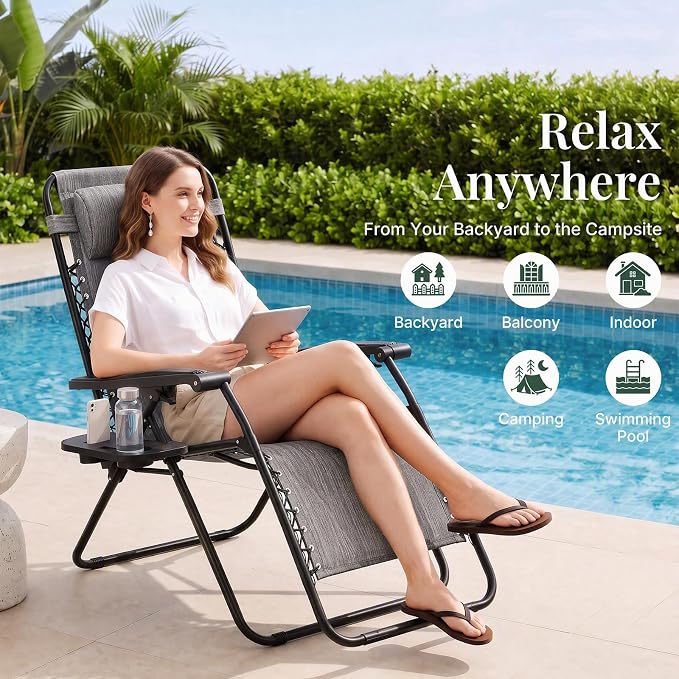 Zero Gravity Chairs Set of 4, Outdoor Folding Lounge Chairs | Foldable Reclining Patio Lawn Chairs with Mesh Back, Adjustable Pillows and Cup Holder Trays, for Pool, Beach, Backyard