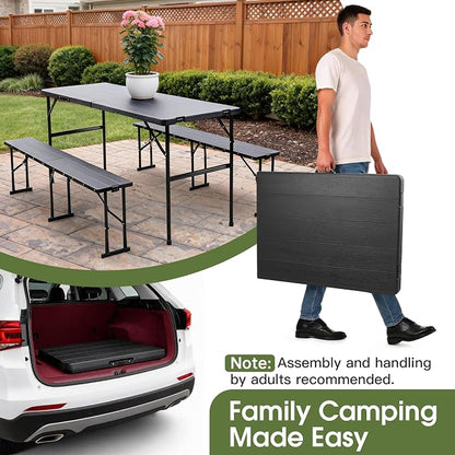 Camping table folding table and chairs foldable picnic table Portable Black | Folding Table and Bench Set: 6-ft portable picnic table with two attached benches. Ideal for camping,BBQ and outdoor events