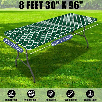 Smiry 2 Pack Rectangle Table Cloth 8 Foot, Waterproof Elastic Fitted Tablecloths, Windproof Washable Polyester Table Cover for Picnic, Camping, Outdoor (Emerald Green, 30"x96")