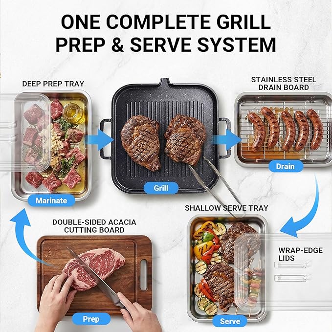 Grilling Prep and Serve Trays with Spill-Reducing Lids, 304 Stainless Steel BBQ Grill Carry System with Drain Board & Acacia Cutting Board