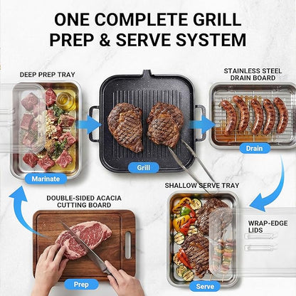 Grilling Prep and Serve Trays with Spill-Reducing Lids, 304 Stainless Steel BBQ Grill Carry System with Drain Board & Acacia Cutting Board