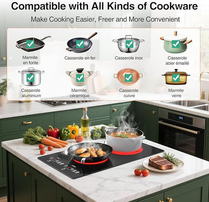 2100W Electric Cooktop 2 Burners 110V, 12" Electric Stove Top Hot Plate with Touch Control, Countertop & Built-in Ceramic Cooktop, Keep-Warm, Timer, Child Safety Lock, Compatible with All Cookware