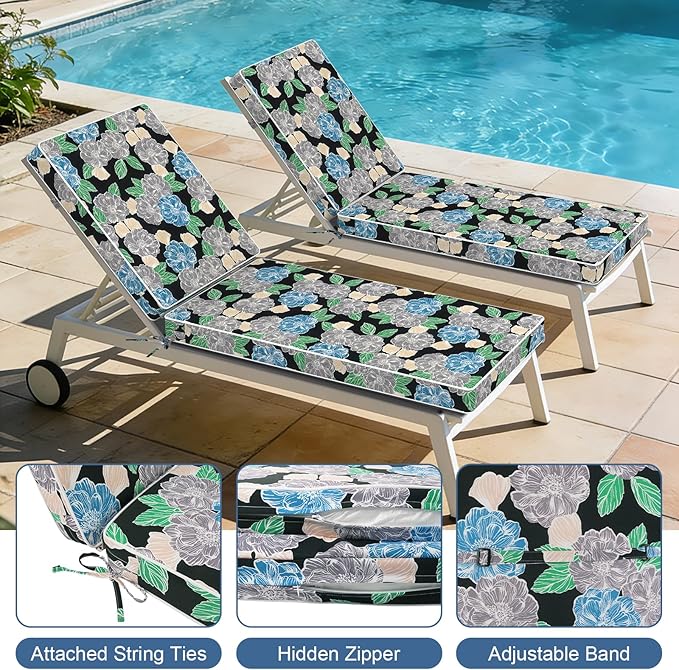 LVTXIII Outdoor Chaise Lounge Cushion 72x21x3 Inch, Water-Repellent Patio Seat Cushion with Ties & Hidden Zipper, Thick Foam Pad for Lawn Chair, Poolside, Patio Furniture, Sketch Peony