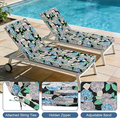 LVTXIII Outdoor Chaise Lounge Cushion 72x21x3 Inch, Water-Repellent Patio Seat Cushion with Ties & Hidden Zipper, Thick Foam Pad for Lawn Chair, Poolside, Patio Furniture, Sketch Peony