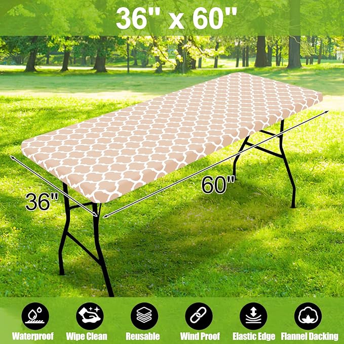 Smiry Picnic Fitted Table Cover, 5 Foot Flannel Backed Vinyl Tablecloth | Waterproof Elastic Stretch Table Cloth, Wipeable Plastic Tablecloth for Camping, Indoor & Outdoor (Khaki, 36" x 60")