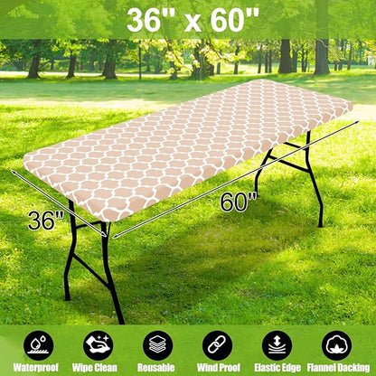 Smiry Picnic Fitted Table Cover, 5 Foot Flannel Backed Vinyl Tablecloth | Waterproof Elastic Stretch Table Cloth, Wipeable Plastic Tablecloth for Camping, Indoor & Outdoor (Khaki, 36" x 60")