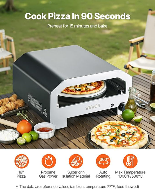 VEVOR 16 in Outdoor Pizza Oven, Auto Rotating Propane Gas Pizza Ovens, Portable Pizza-Cooker with Electric Rotate Pizza-Stone, Carry Bag, Propane Pizza Maker For Outside Backyard Patio Camping, Black