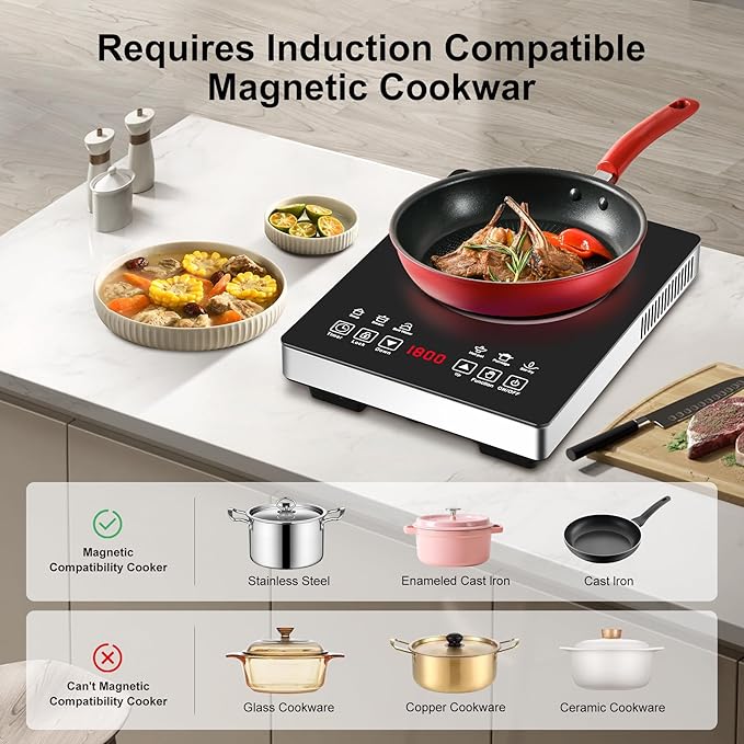 Single Burner Induction Cooktop,Hot Plate with 6 Cooking Modes, portable cooktop with LCD touch control,9 Levels &3H Timer,1800W 110V Portable induction Cooktop