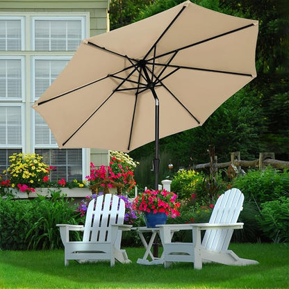 MEWAY 9ft Patio Umbrella Outdoor Table Umbrellas with Push Button Tilt and Crank, Market Umbrella 8 Sturdy Ribs for Deck, Garden, Pool and Backyard, Tan