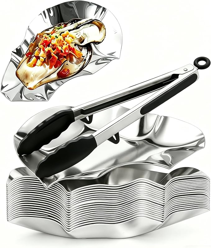 16PCS 304 stainless steel oyster grill tray and silicone tongs set, ideal for grilling oysters, shrimp, scallops, and clams.