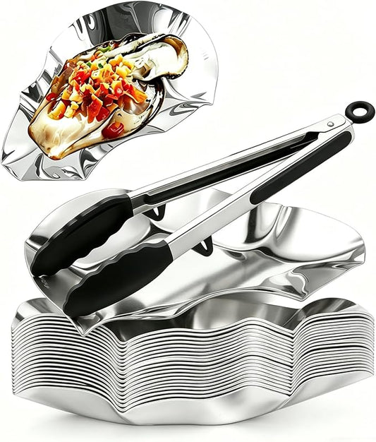 16PCS 304 stainless steel oyster grill tray and silicone tongs set, ideal for grilling oysters, shrimp, scallops, and clams.